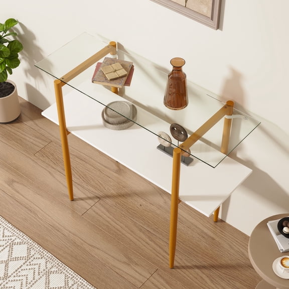 Glass Sofa Table, Mid-Century Modern Entryway Table with Tempered Glass & Golden Legs, 2-Tier Behind Couch Table for Living Room Hallway Entrance, White
