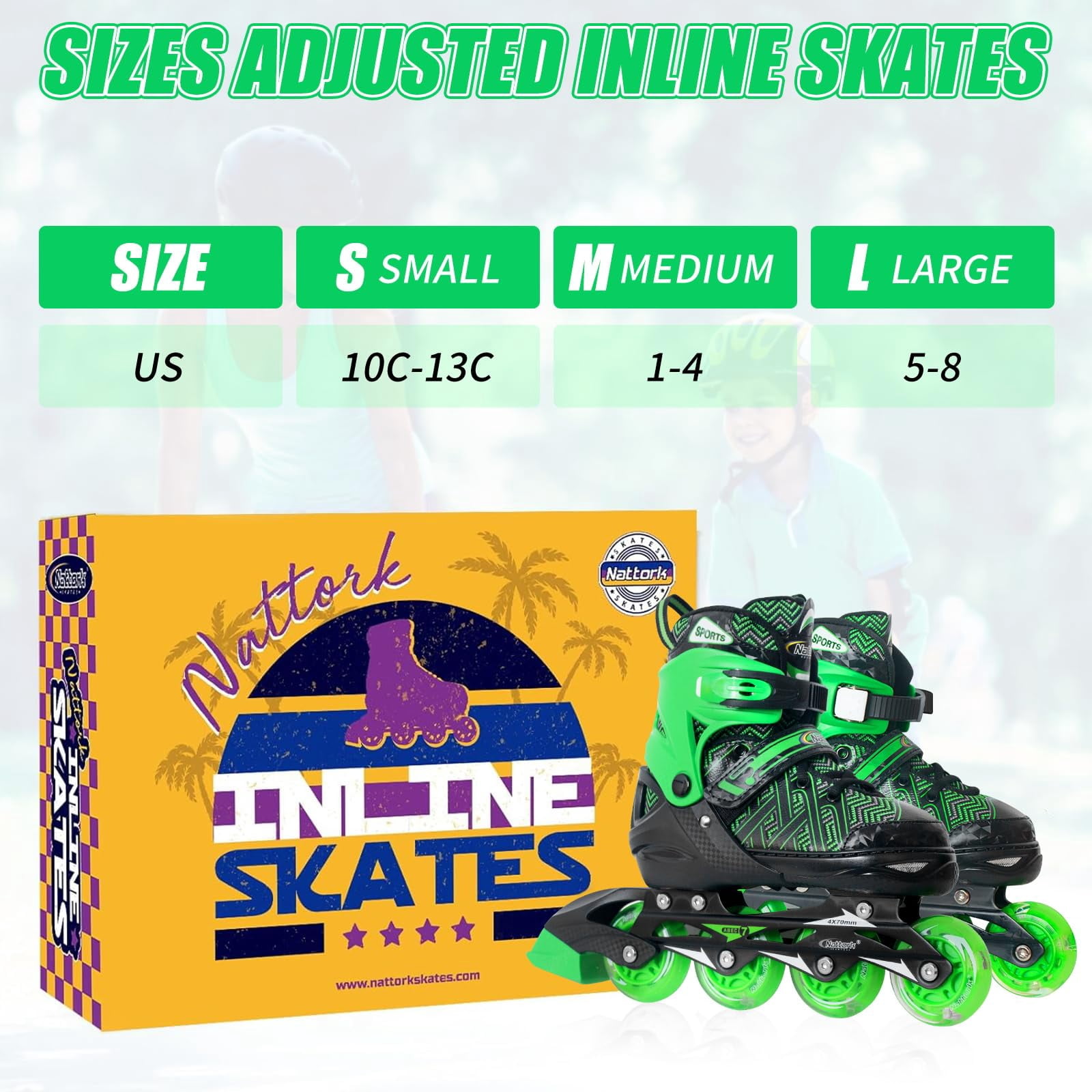 MammyGol Adjustable Inline Skates for Kids with Light-Up Wheels - Youth Teens Roller Skates for Beginners Boys Girls, Outdoor Recreational Skates Green 9-12