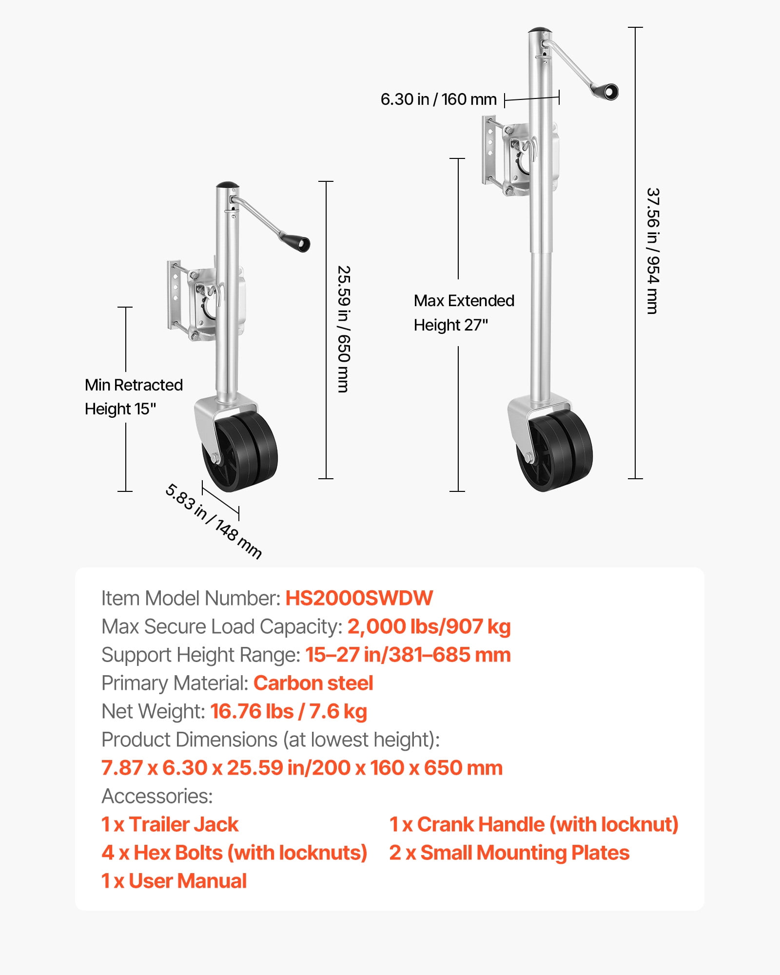 VEVOR Trailer Jack with Wheel, 2000 lbs Load Capacity, Heavy Duty Swivel Boat Trailer Jack with PP Dual Wheel & Ergonomic Handle, 15-27 Inch Lift Range, Fit for RVs, Boats and Utility Trailers