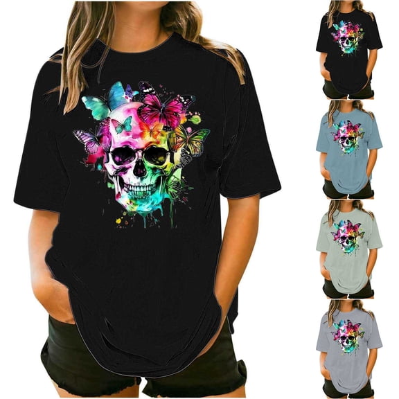 Inverlee Plus Size Short Sleeve Tops for Women Fashion Skull Print Round Neck Tees Casual Comfy Loose Fit T-shirts