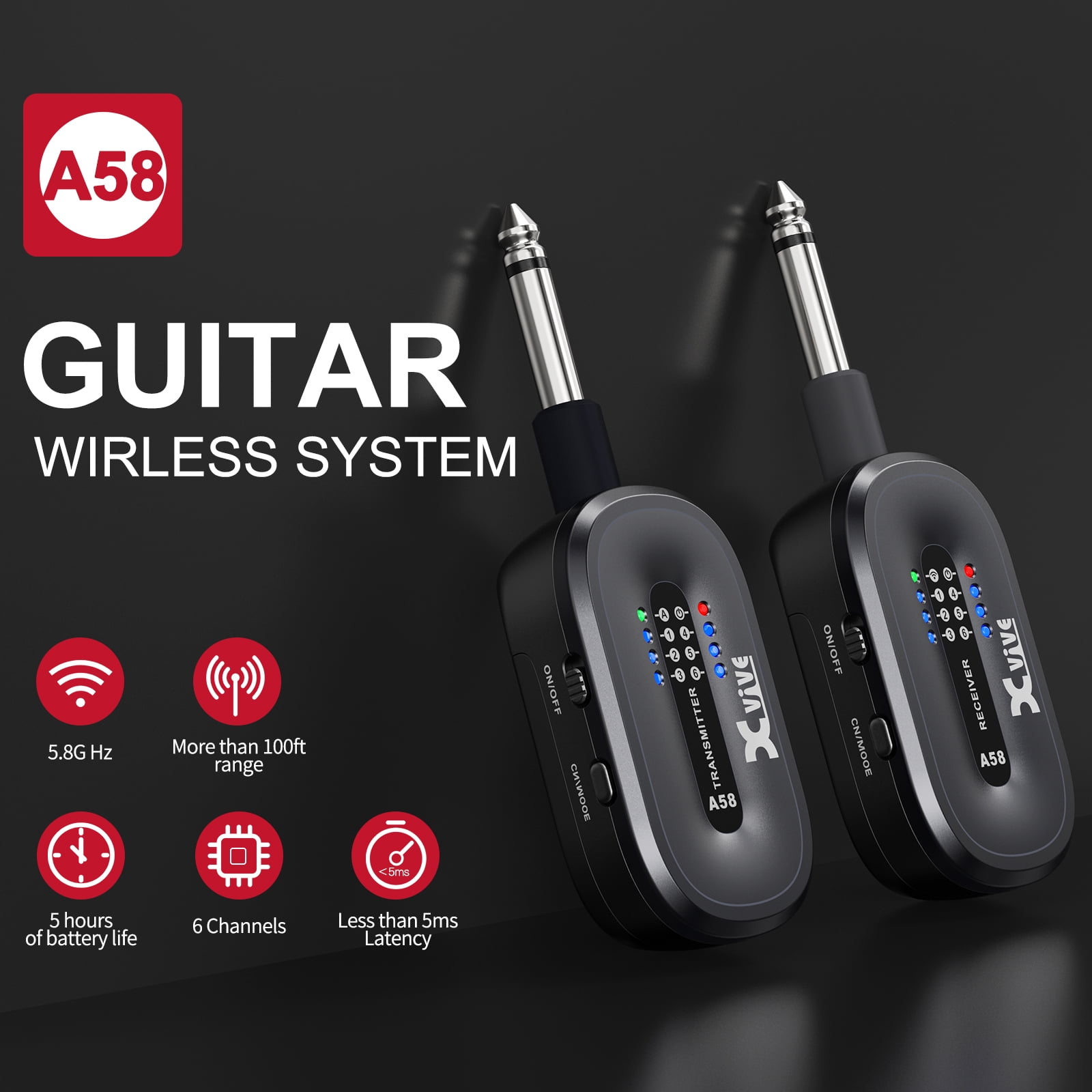 Xvive A58 Wireless Guitar System with 5.8GHz Transmitter and Receiver (Sunburst)