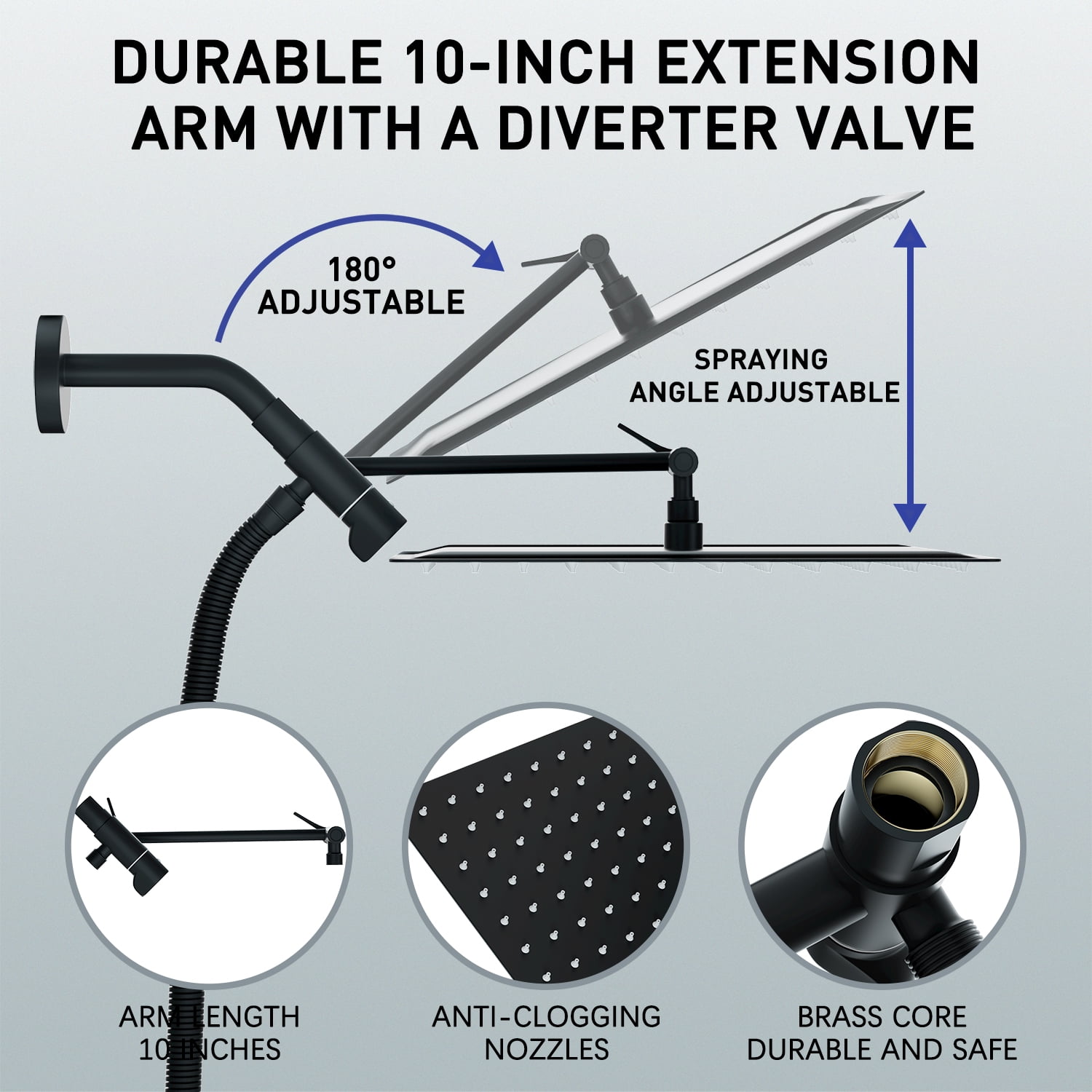 DTIG 12 inch Rain Shower Head, 5-Setting High Pressure Shower Head with Handheld, Shower Bracket and Hose Black