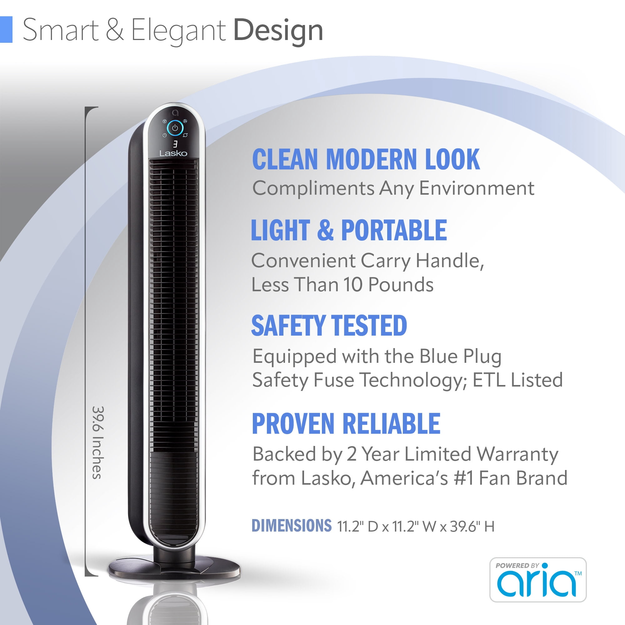Lasko 40" 5-Speed Smart Tower Fan Powered by Aria, Wi-Fi Connected, Alexa, Google, Black, T40733