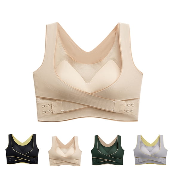 IQOGKRN Women's Cross-Buckle Wireless Push-Up Bra Seamless Full Coverage Adjustable Side Closure Bralette for Lift & Support Beige L