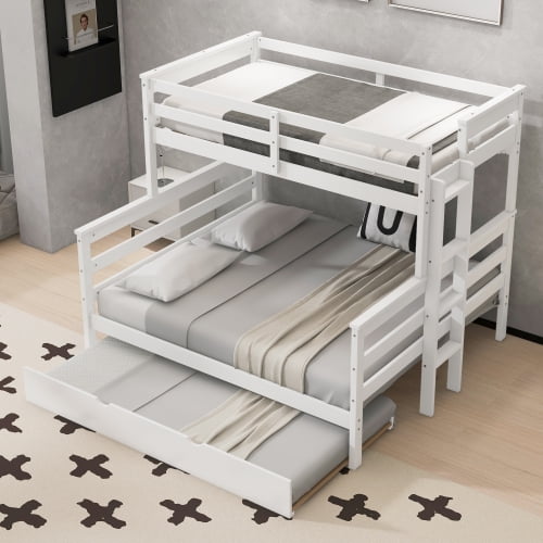 Wood Twin XL over Queen Bunk Bed with Trundle and Ladder, Separable into 3 Beds, Solid Wood Frame with Guardrails, Space-Saving Design for Guest Room, Dorm, Apartment, White