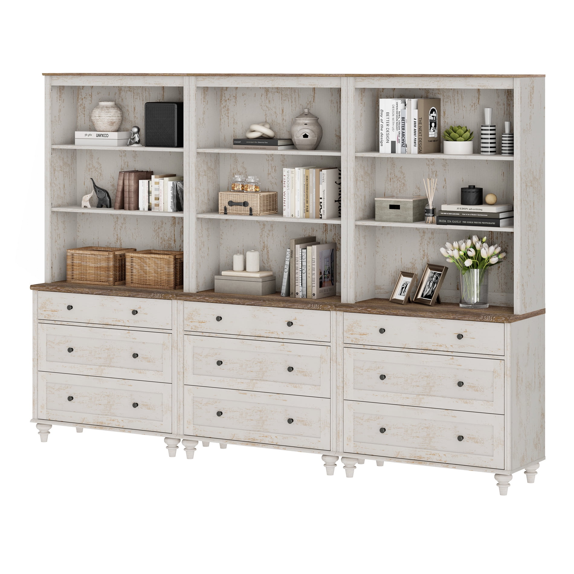 Farmhouse 5 Tier Bookcase With 9 Drawers, Rustic White, 101.6" W
