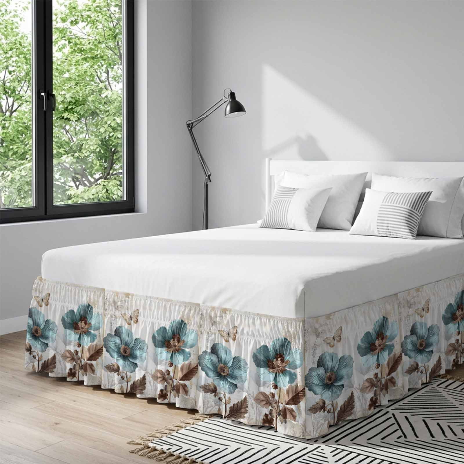 Vintage Flowers Bed Skirt Queen Size 18 Inch Drop, Adjustable & Elastic Wrap Around Bed Skirts Pleated Luxury Dust Ruffles For Twin Full Queen Cal King Base Beds, Teal Blue Floral Nature Butterfly
