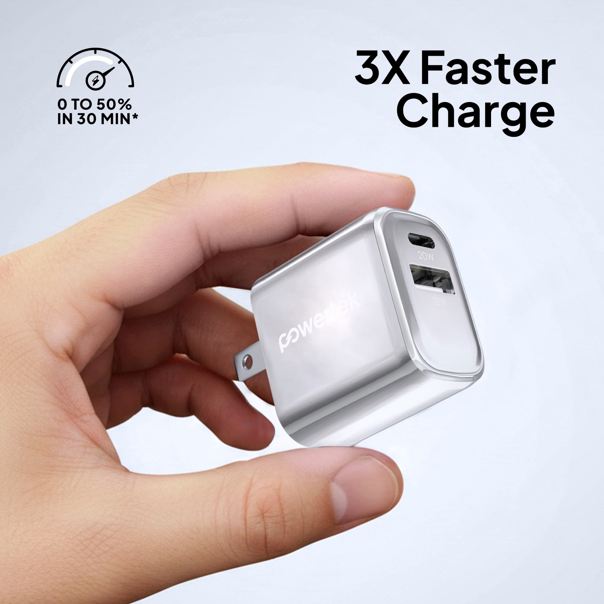 Powertek Luxe 20W USB-C + 18W USB-A Fast Charging Dual Port Block, Silver, Compatible with iPhone, Android, Tablets & USB Devices, Compact Travel Adapter