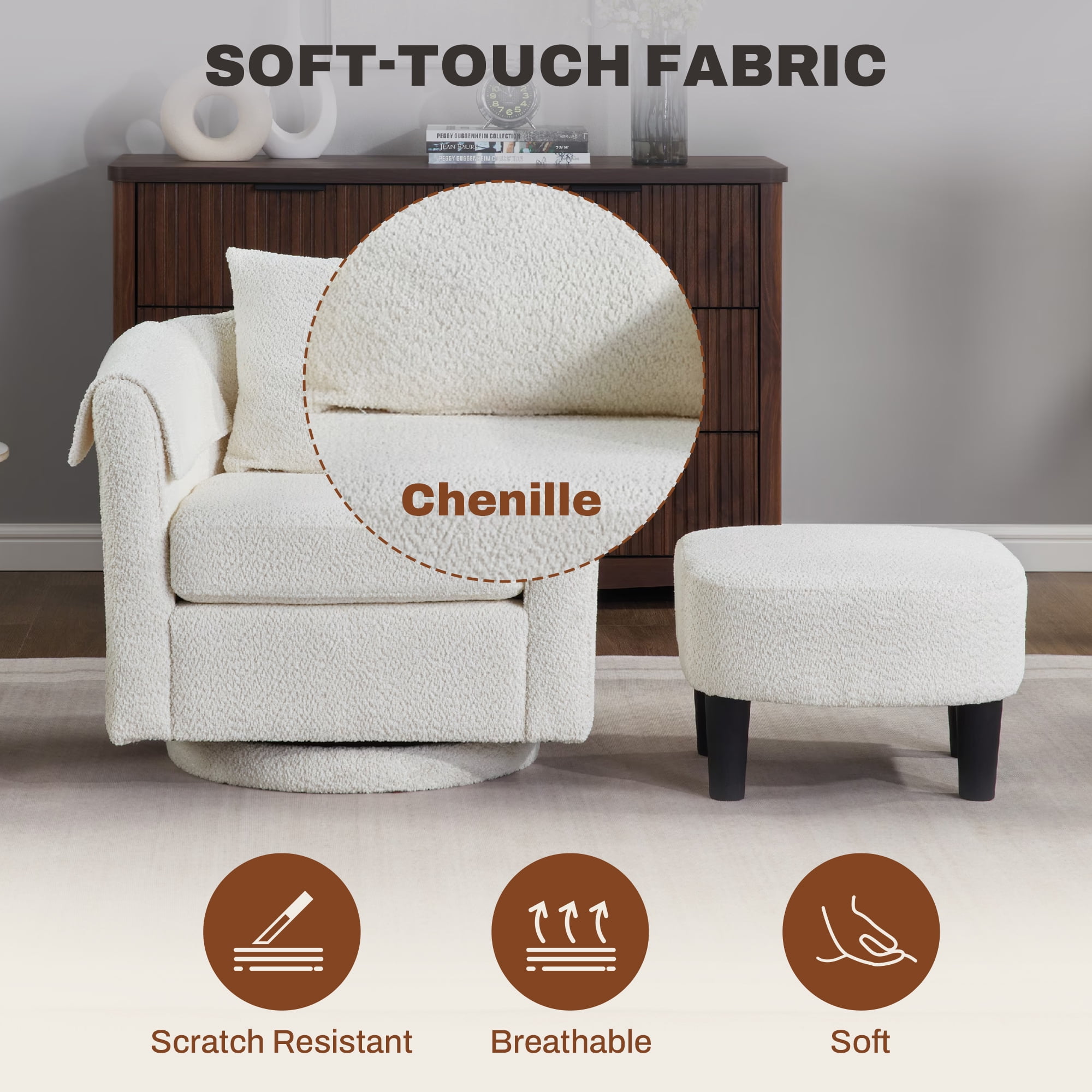 FunniHomi 18.5"D x 18.9"W Small Swivel Accent Chair, Upholstered Round Barrel Chair with Removable Back Pillow, Ottoman Set and Armrest Covers for Kids and Teens, White