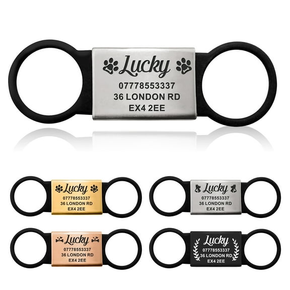 Slide-On Pet ID Tags, Personalized Engraved Dog & Cat Tags, Custom Slient Dog Puppy Cat Tags, Quiet Silicone & Stainless Steel