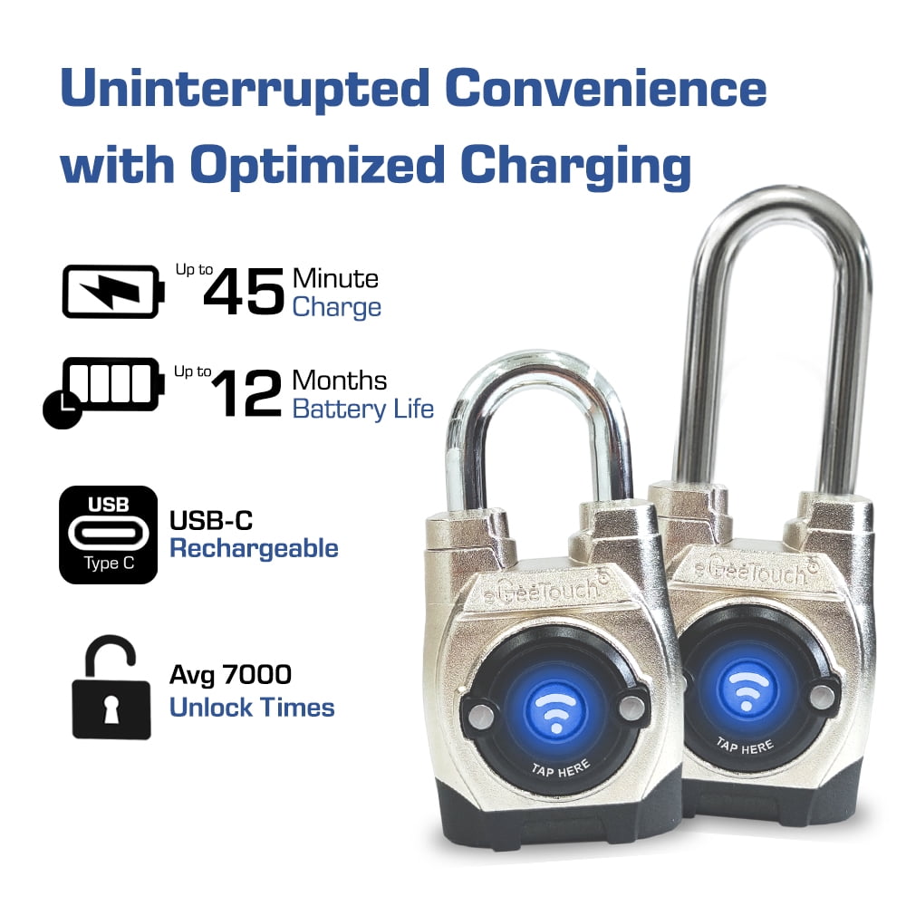eGeeTouch Outdoor Smart Padlock - with Bluetooth & NFC, 5th Gen, Long shackle