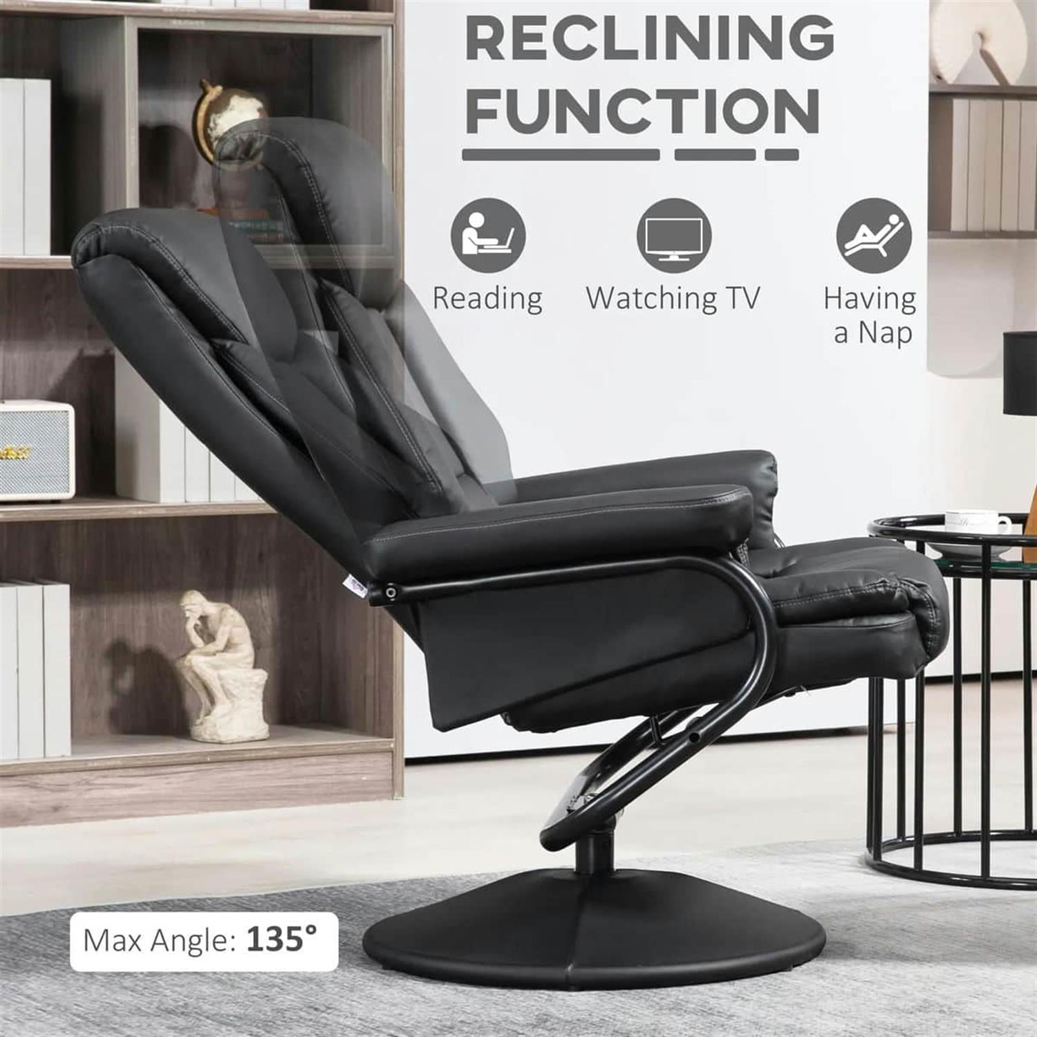 Demi Bonn 39" High-Back Reclining Ottoman Chair with Faux Leather, Swivel Ottoman for Living Room, Comfortable Lounge Chair, Black