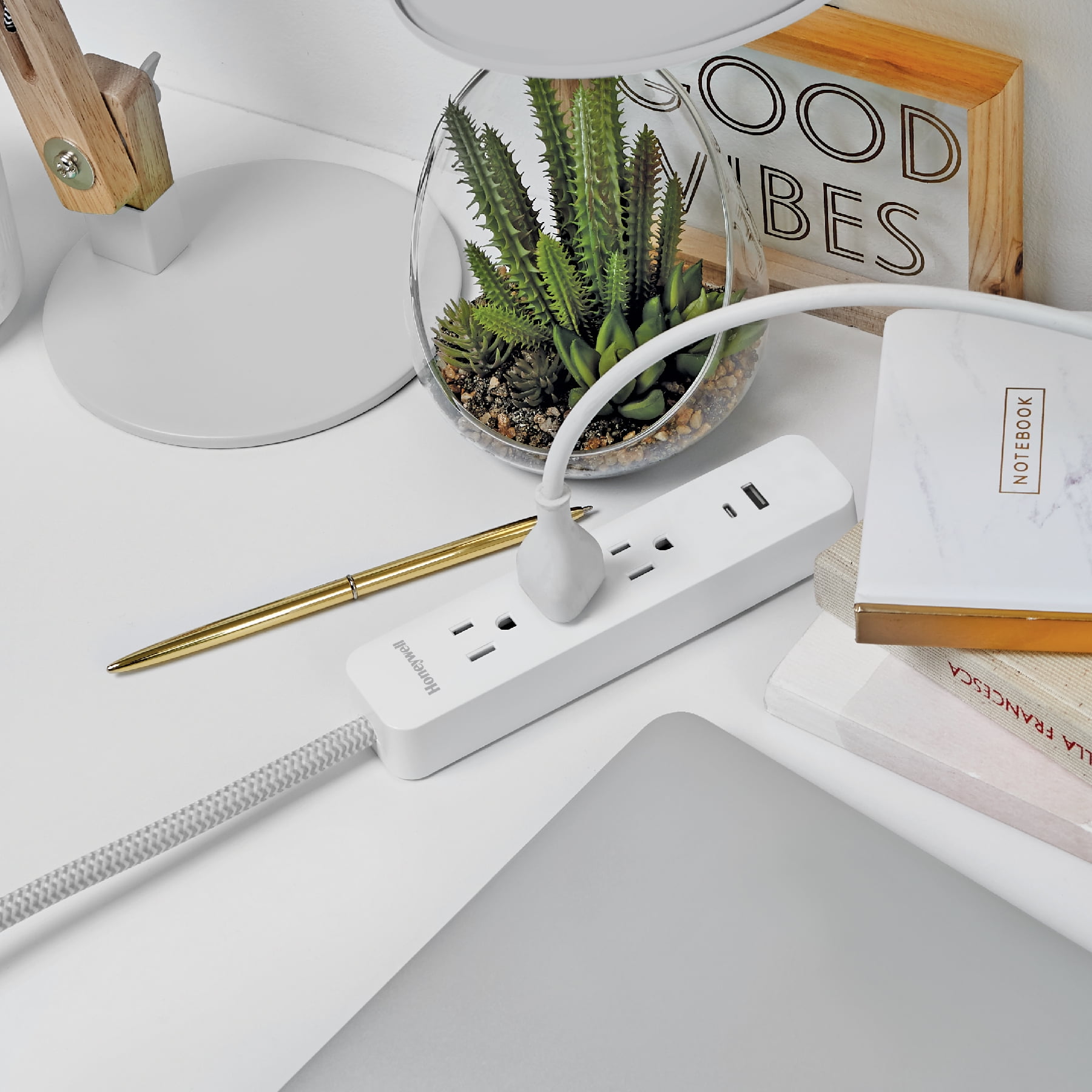 Honeywell 2-in-1 Pack Power Strips - 6 AC Outlets Surge + 3 AC 2 USB Strip (1 USB-A + 1 USB-C 2.1A) - White