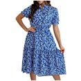 thumbnail image 1 of Robe Bohème Mode Femme Col Montant Manches Courtes Imprimé Floral Longueur Genou Robe d'Été, 1 of 8