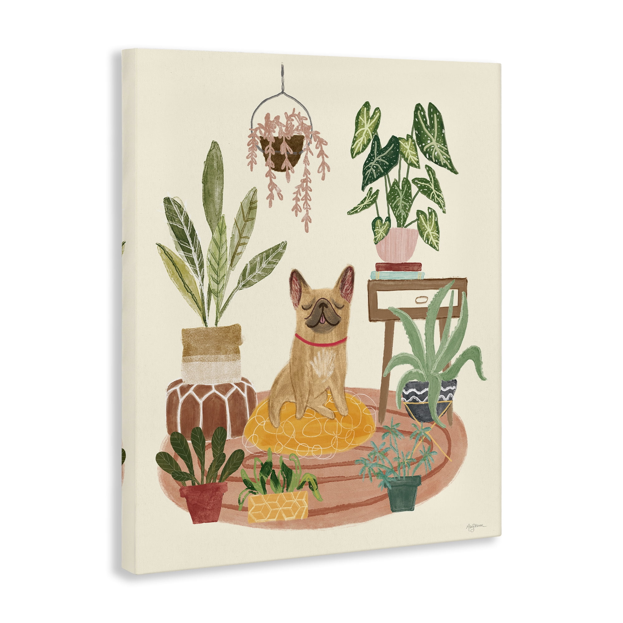 Stupell Industries Pug Dog with Plants Animals & Insects Painting Gallery Wrapped Canvas Art Print Wall Art, 36 x 48