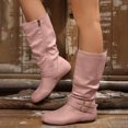 thumbnail image 3 of HEWUQI Short Cowboy Boots for Women Slouchy Mid Calf Round Toe Side Zipper Flats Adjustable Buckle Decor Comfortable Winter Fall Shoes Pink Size 9.5, 3 of 7
