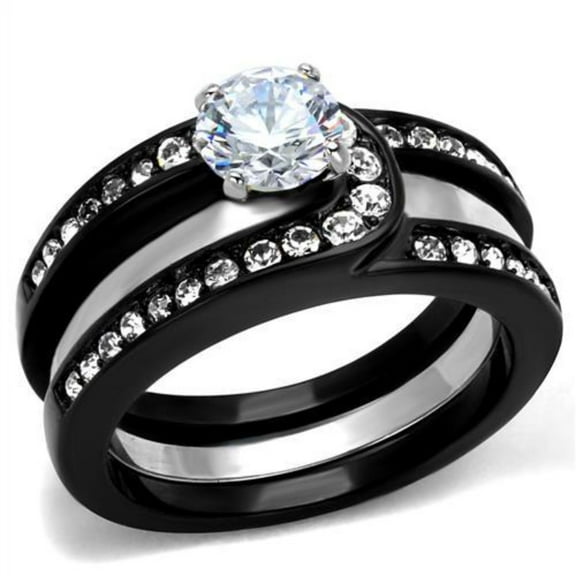 Luxe Jewelry Designs 2-Piece Two-Tone Black IP Stainless Steel Wedding Ring Set with Clear CZ