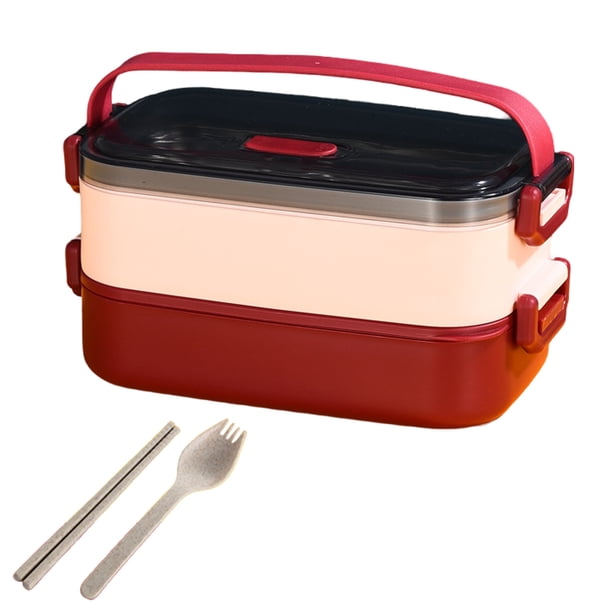 Inteprter Fiambrera de acero inoxidable a prueba de fugas, de 2 capas, apilable, portátil para niños en la escuela. Mostrada rojo doble capa