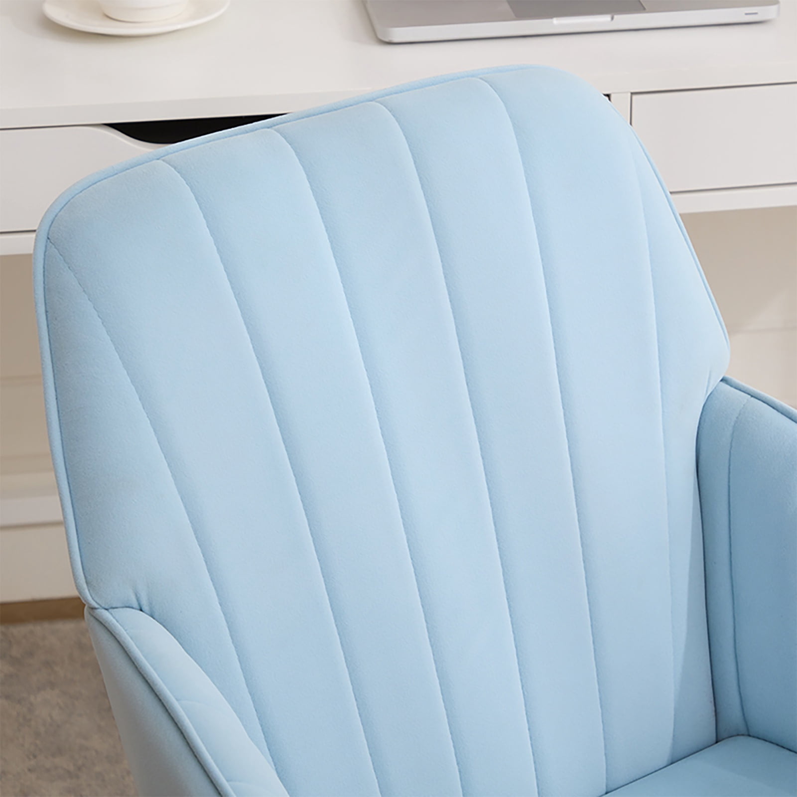 PORKISS Upholstered Desk Chair with Wheels, Ergonomic Adjustable Office Chair, Swivel Computer Task Chair with Velvet for Home Living Room Bedroom Workspace, Baby Blue