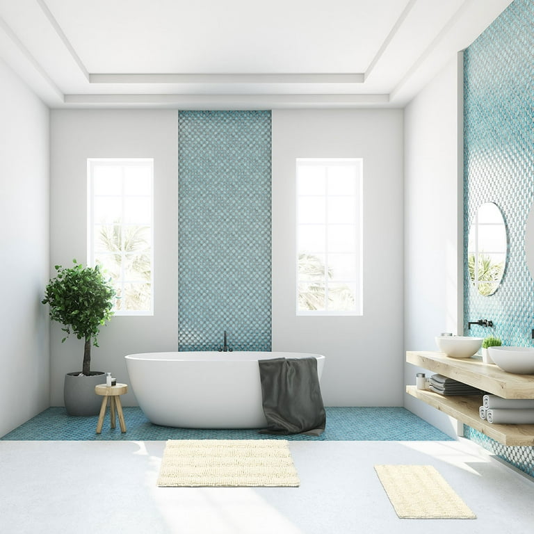 PiccoCasa Absorbent Soft Long Washable Non-Slip Memory Foam Bath Tub Mat  Floor Runner Rug Blue 16 x 47