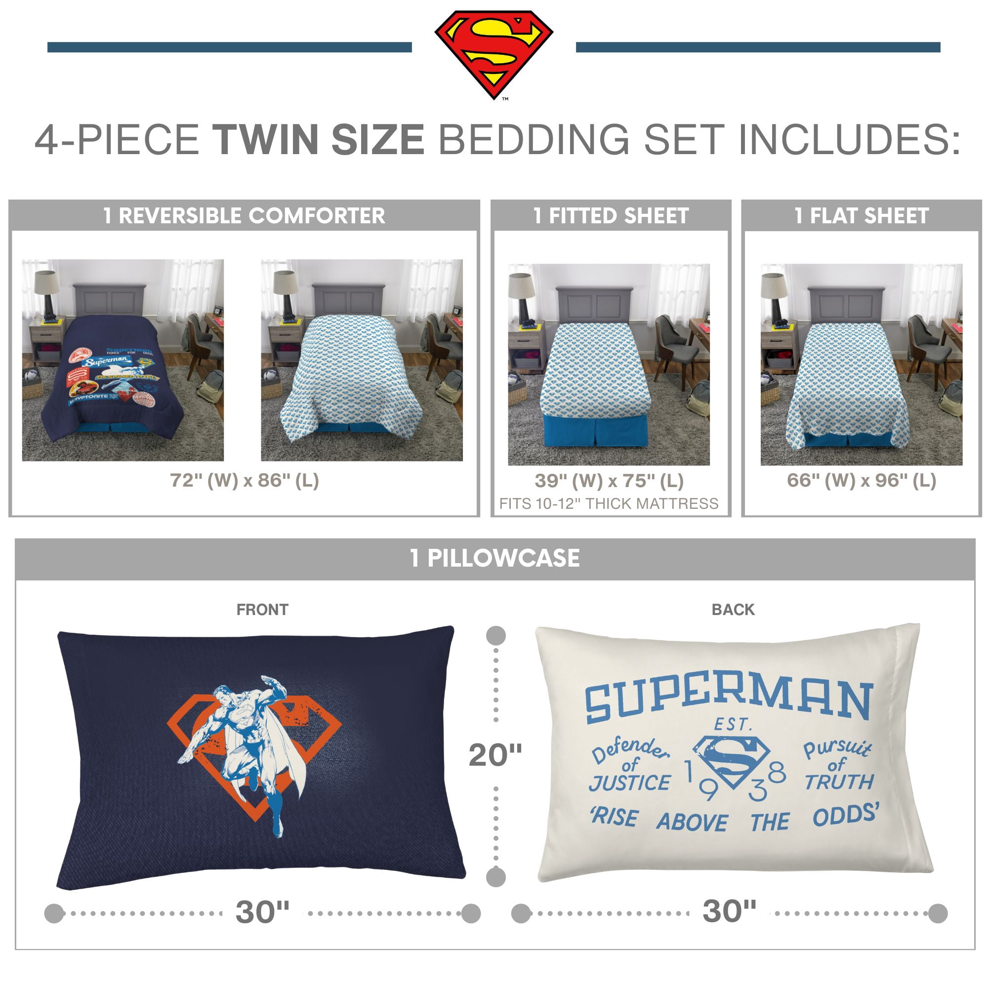 Superman Kids 4 Piece Reversible Comforter Set, Blue Gray, Twin Bed in a Bag
