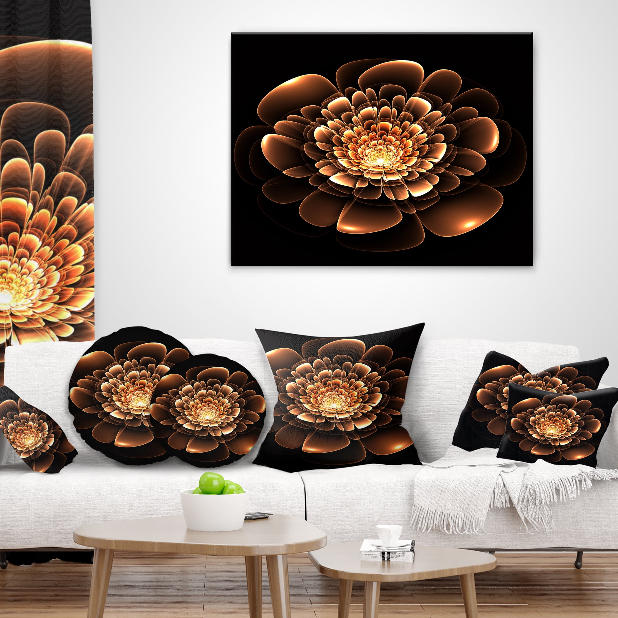 Designart Glittering Brown Yellow Fractal Flower - Floral Throw Pillow - 16x16