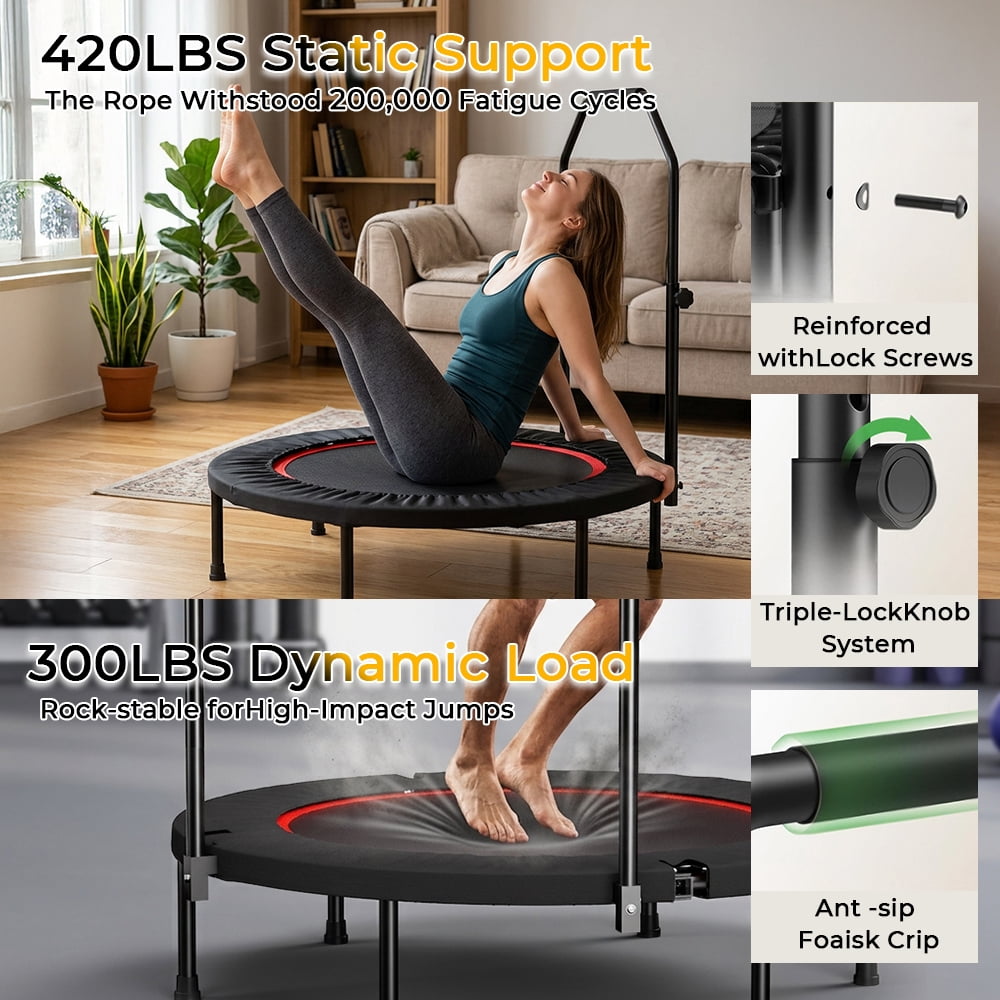 40 Inch Spring Mini Fitness Trampoline for Adults,3-Level Adjustable Adjustable Foam Handle Foldable Rebounder,Indoor Outdoor Home Gym Workout Equipment,Max Load 450LBS Exercise Equipment
