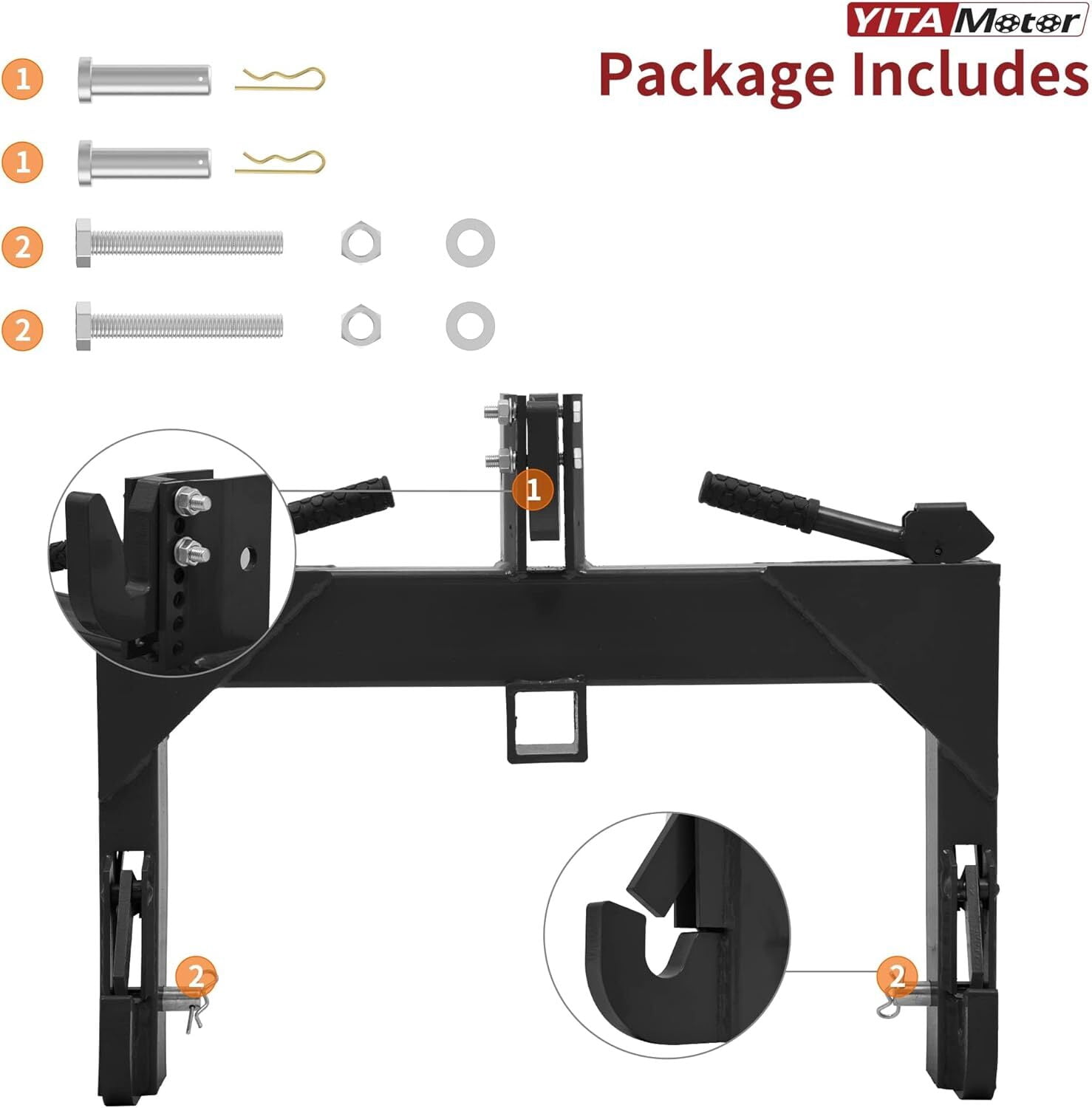 Uforic Category 1 Tractor 3 Point Quick Hitch, 3000 LBS Heavy Duty 3-Point Hitch Adapter with 5-Position Adjustable Hook & 2 Inch Trailer Receiver, Black