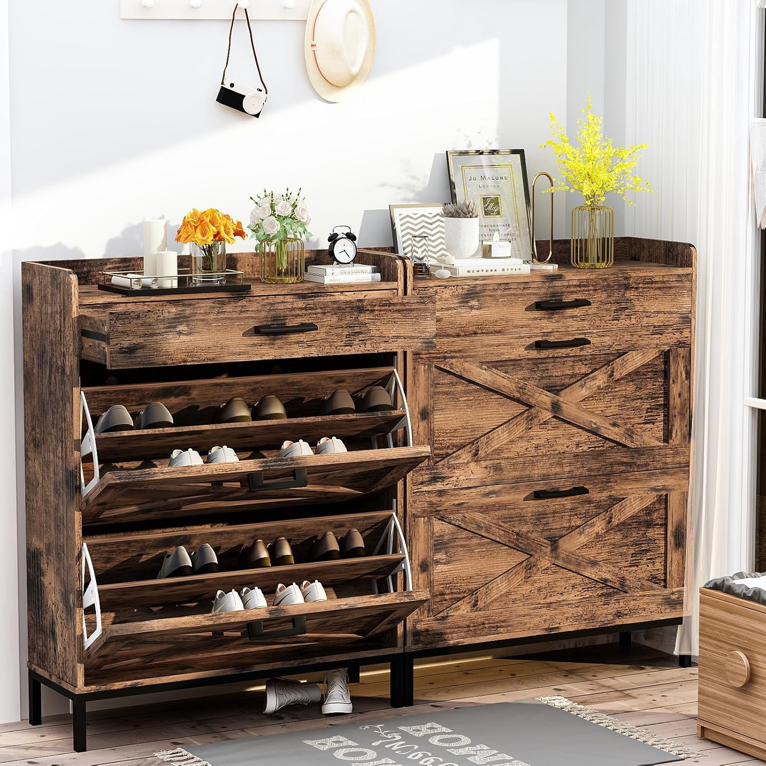 Baxluxe Shoe Cabinet with 2 Flip-Down Drawers & 4 Tiers 16 Pairs Wooden Shoe Rack for Entryway Freestanding Shoe Rack for Closet,Hallway, Closet, Dorm, Retro