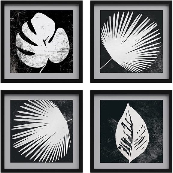 PixonSign Framed Wall Art Collage Print Gallery Set Tropical Jungle Leaf Silhouettes Nature Wilderness Illustrations Minimalism Beach Black White for Living Room, Bedroom, Office - 12"x12"x4 BLACK