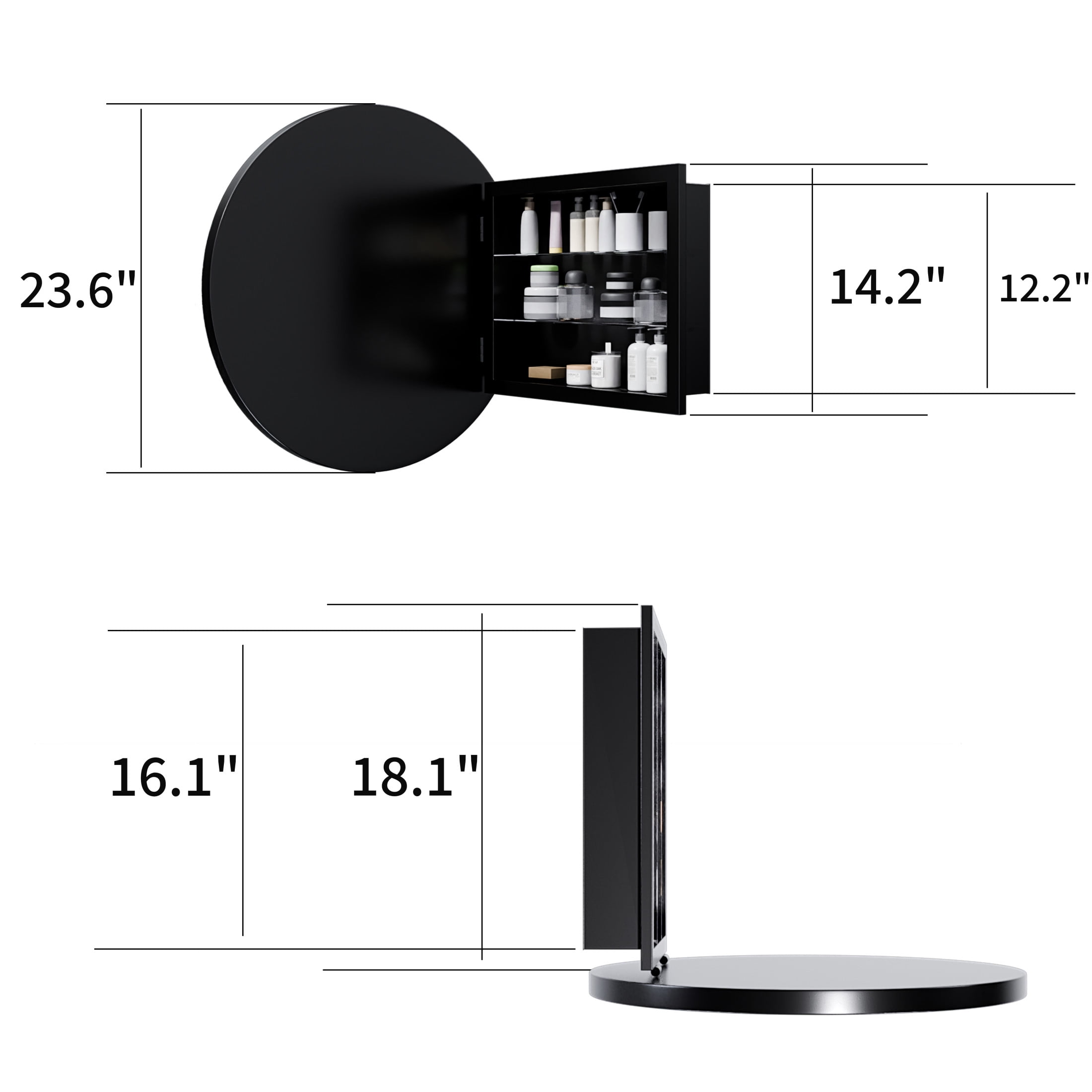 Noble House 24" Round Metal Medicine Cabinet with Mirror, Bathroom Wall Mirror with Adjustable Glass Shelves, Black