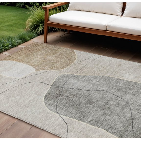 HomeRoots 581017 10 x 14 ft. Abstract Washable Indoor & Outdoor Rectangle Area Rug, Beige, Brown & Taupe