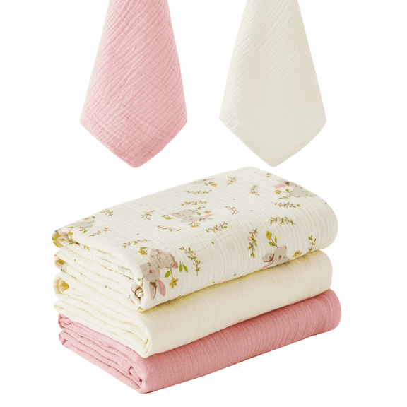 Muslin Swaddle Blankets 3 Pack & 2 Burp Cloths, Breathable & Soft Cotton Baby Blankets, Receiving Blankets for Newborn Girl, Nursery Infant Essentials, Swaddling Wrap for Unisex (Pink & White)