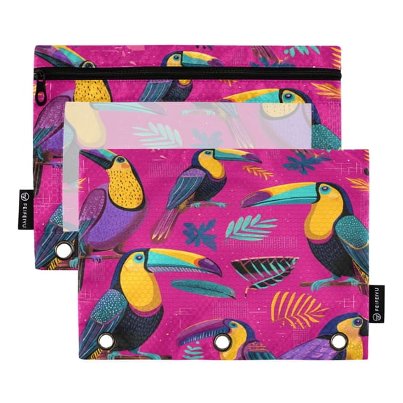 2 Pack 3 Ring Binder Pouch with Clear PVC Window Water Resistant Zipper Pencil Pouch Toucan in The Pink Jungle Binder Pocket for Classroom Office Home Stationery Organization