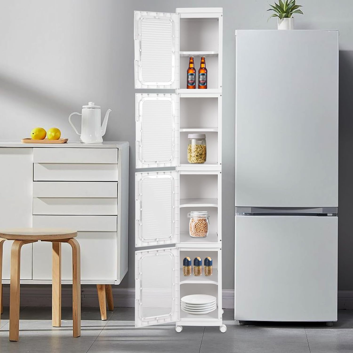 4-Tier Narrow Slim Storage Cabinet Narrow Tall Cabinet Cart Storage Tower for Bedroom, Kitchen Narrow Cabinet Deep Tall Narrow Cabinet Slim Bathroom Cabinet Narrow Cabinet For Small Spaces, Modern