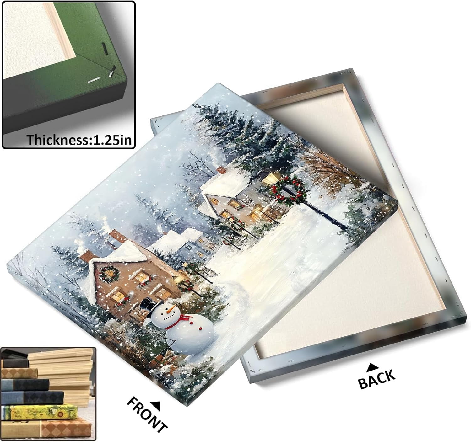 Christmas Canvas Wall Art Decor with Chimneys, Smoke, Street Lamps with Wreaths, Snowmen and Snow Piles, Festive Canvas Print for Room, Holiday-Themed Fixed Canvas for Winter Home Décor,11x14 inch