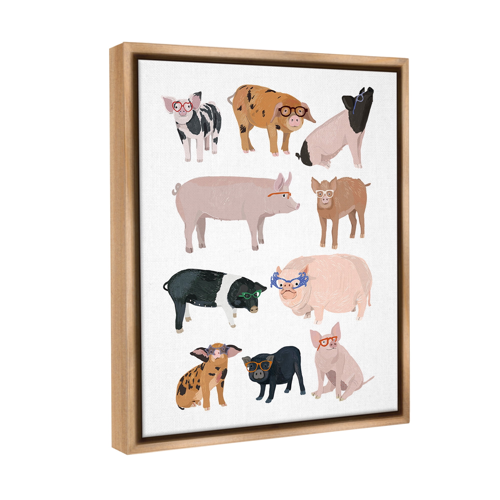 Stupell Industries Hipster Pigs in Glasses Animals & Insects Painting Brown Floater Framed Canvas Art Print Wall Art, 17 x 21