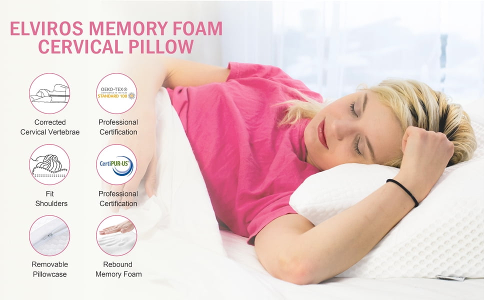Elviros Cervical Memory Foam Pillow, Contour Pillows for Neck and Shoulder Pain, Ergonomic Orthopedic Sleeping Neck Contoured Support Pillow for Side