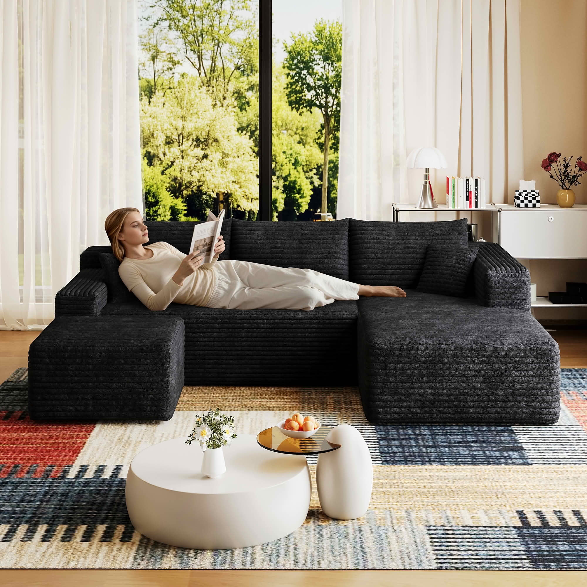 MAYEERTY 95" Cloud U-Shape Corduroy Sectional Couch with Ottoman, Deep Seating Minimalist Sofa, No Assembly for Home Bedroom