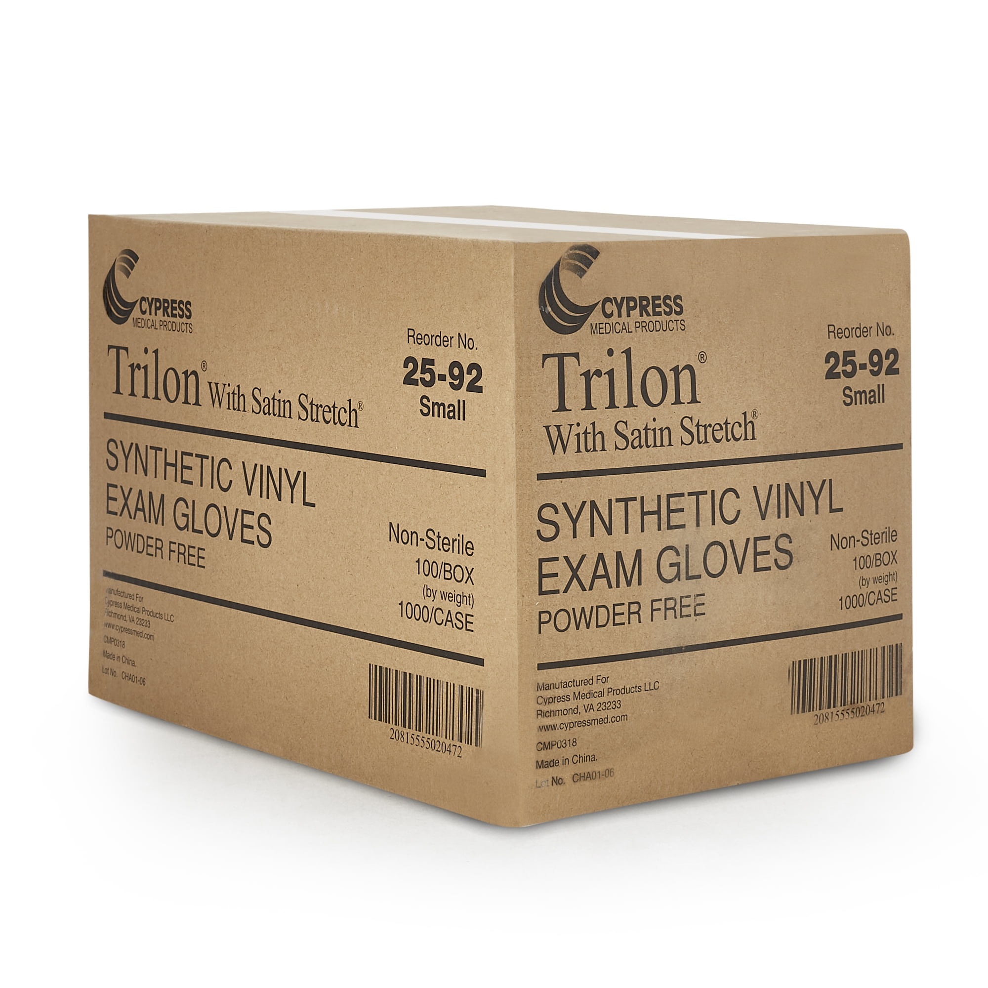 Trilon Exam Gloves - Vinyl, Powder-Free, Beaded Cuff, Non-Sterile, Small, 100 Count, 10 Boxes, 1000 Total