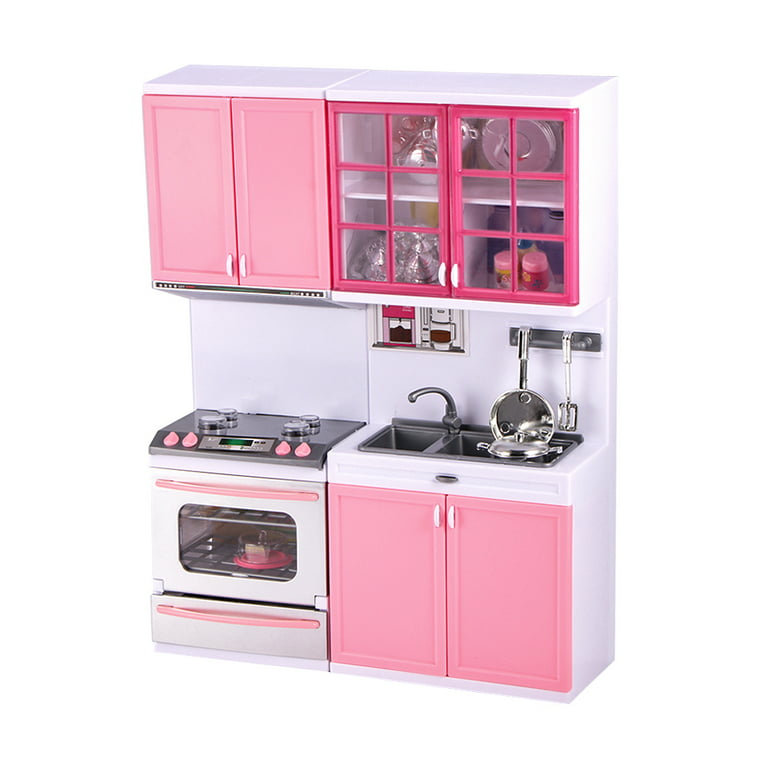 RBN Doll Size Pink Modern Kitchen Cooking Toy Play Set Play House &  Accessories with Doll Girls Pretend Play Furniture Appliances with Lights &  Sound