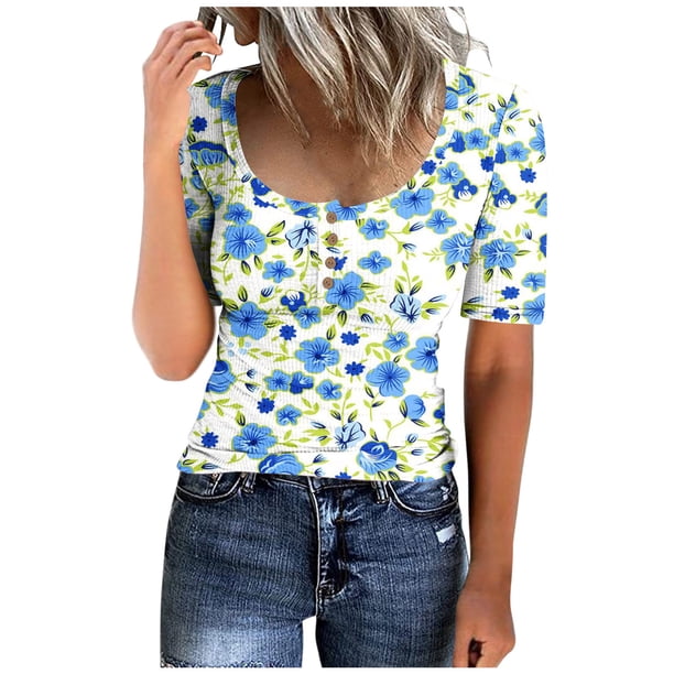 Fiudx Camisas para Mujer Camiseta Holgada de Manga Corta con Botones y Cuello Redondo para Mujer