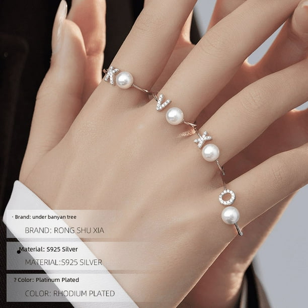 Anillo de plata con diamantes y perlas sintéticas, diseño de nicho