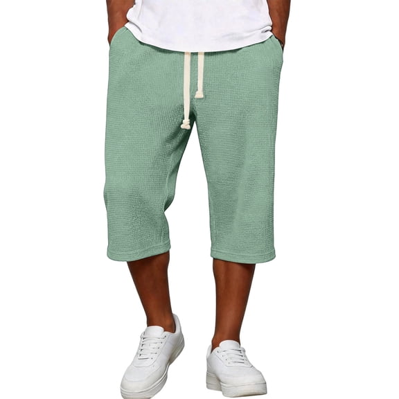 Lumtrix Men's Waffle Capri Pant Baggy Below Knee Summer Sweat Shorts Elastic Waist Athletic Casual Drawstring 3/4 Pants with Pockets Light Green 2XL
