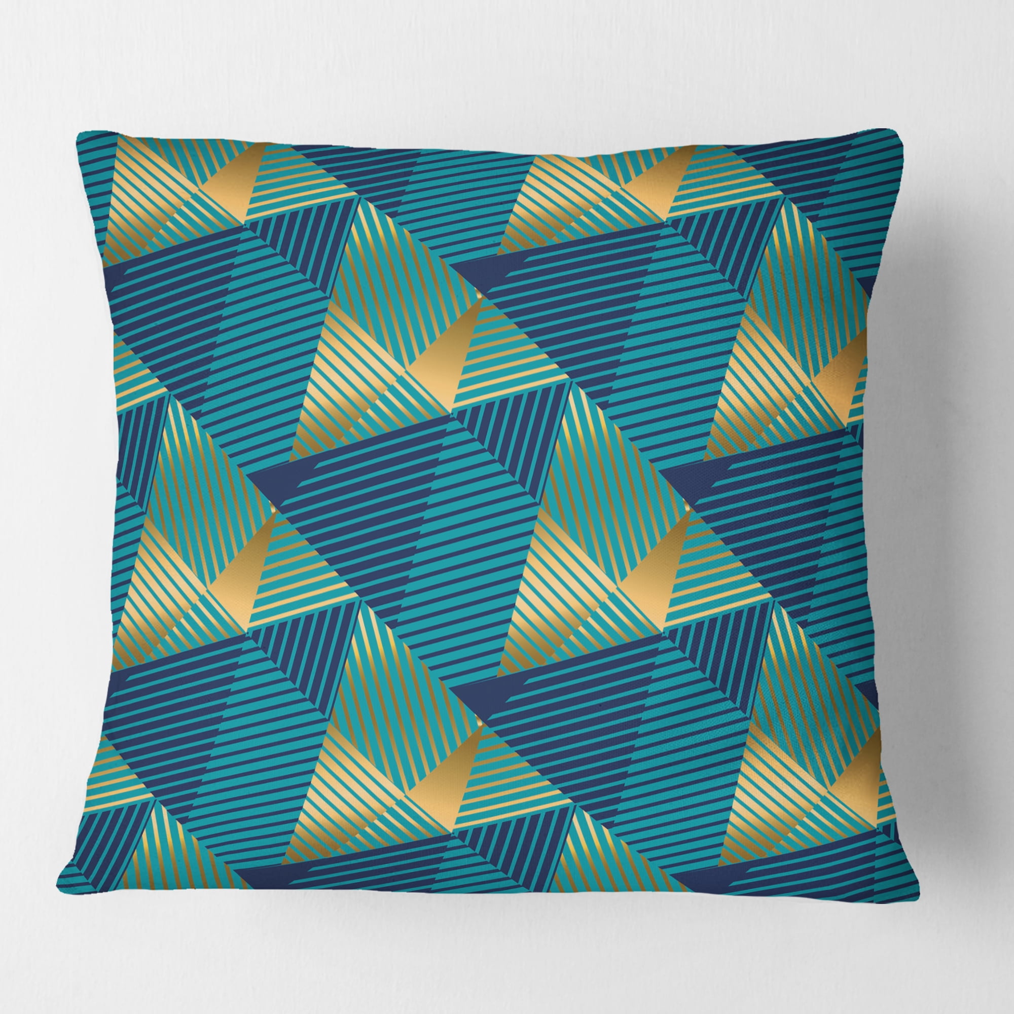 Designart Retro Luxury Waves In Gold And Blue VII' Mid-Century Modern Throw Pillow - 16x16