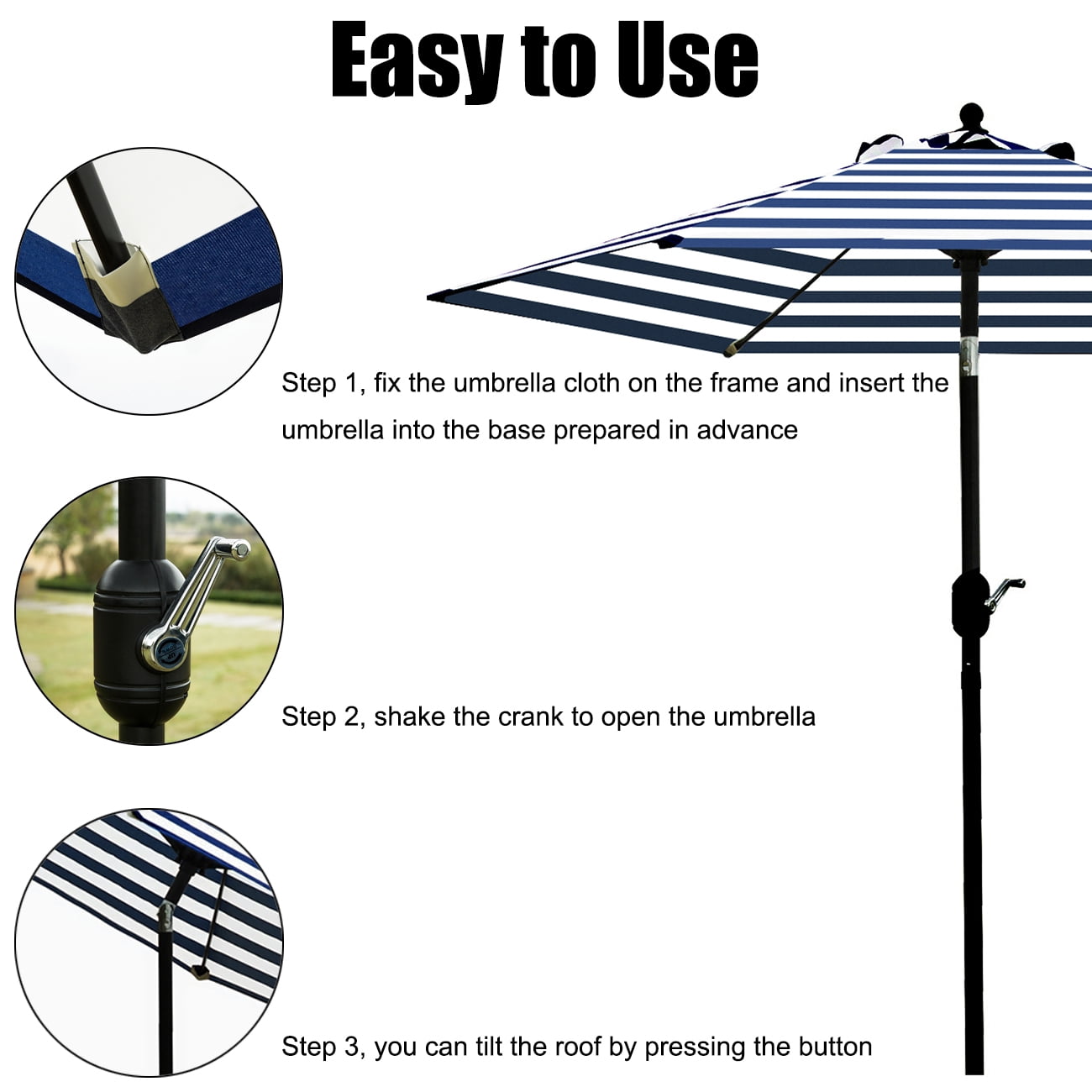 Bibana 7.5 ft Outdoor Patio Umbrella Table Umbrella with 6 Ribs, Push Button Tilt/Crank - Blue and White