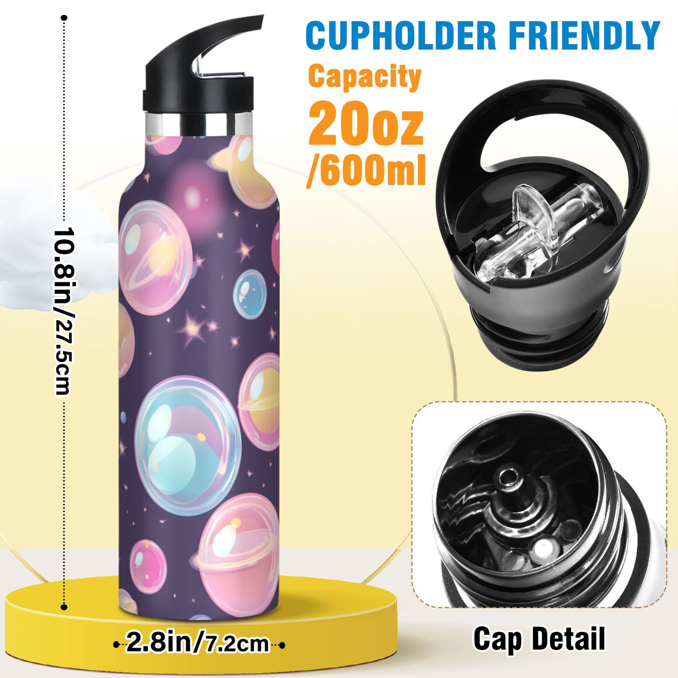 Kids Insulated Stainless Steel Sports Water Bottle 600ml (20oz) Floating Bubbles Pattern