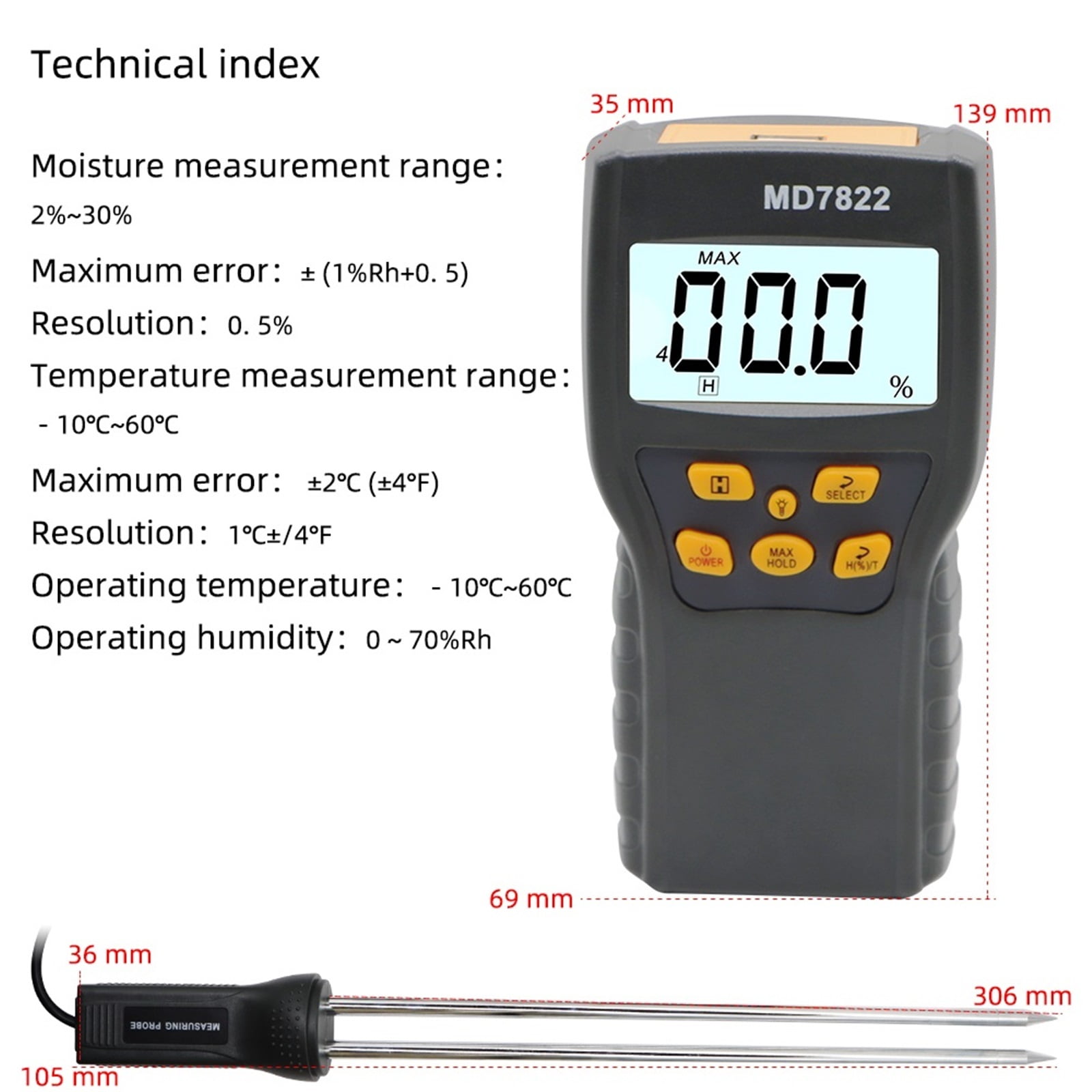 MD7822 Grain Moisture Meter Digital LCD Display Grain Hygrometer Thermometer Humidity Temperature Tester For Wheat Corn Rice ,Tool