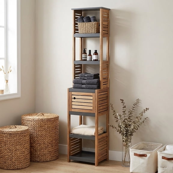 Evideco Tall Thin Storage Tower Cabinet with Magnetized Louvered Door and 5 Shelves, Acacia Gray