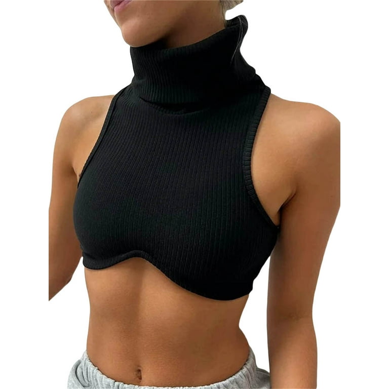 Liacowi Women Sleeveless Turtleneck Tank Top Ribbed Knit Slim Fit Solid High  Neck Crop Tank Top 